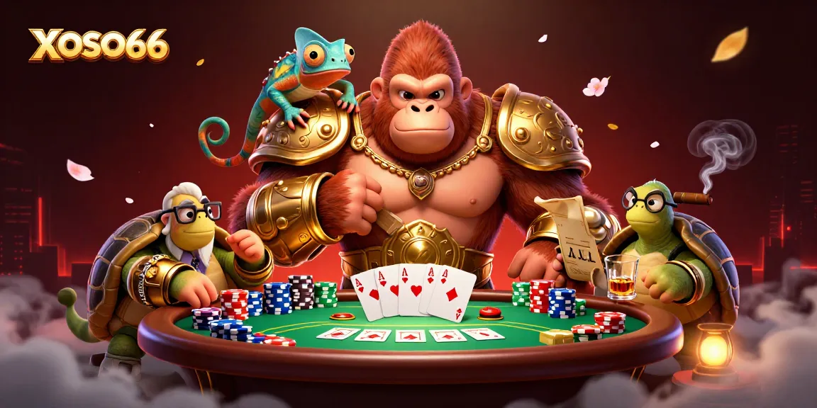 XOSO66 showcases a powerful gorilla king and his companions in a vibrant casino scene filled with poker elements.