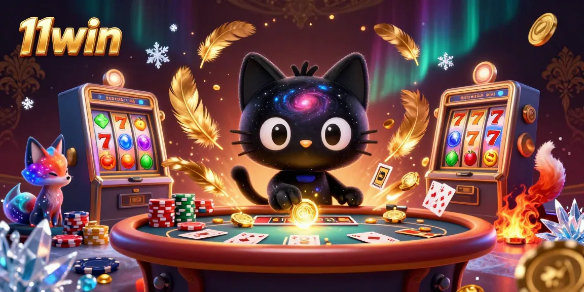 Engage in thrilling casino fun with 11win's 3D cosmic gambling scene featuring feline charm.
