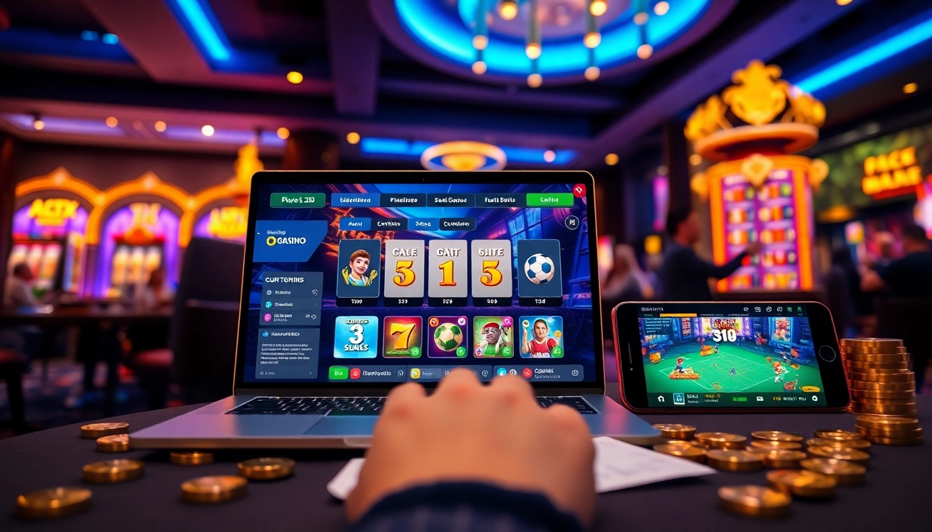 Engaging EE88 gaming scene with vibrant 3D casino interface and digital devices.