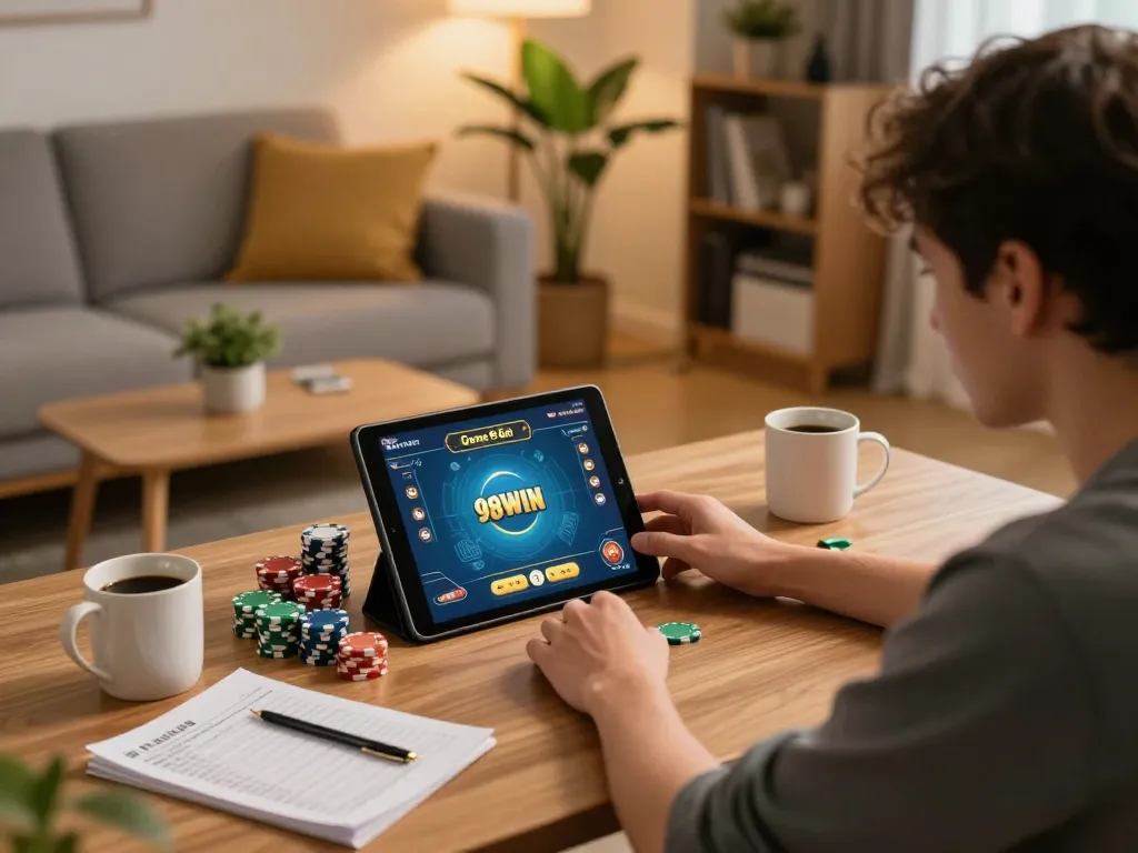 Engaged player enjoying Game Bài 98WIN on tablet in cozy home setting with bankroll management notes.