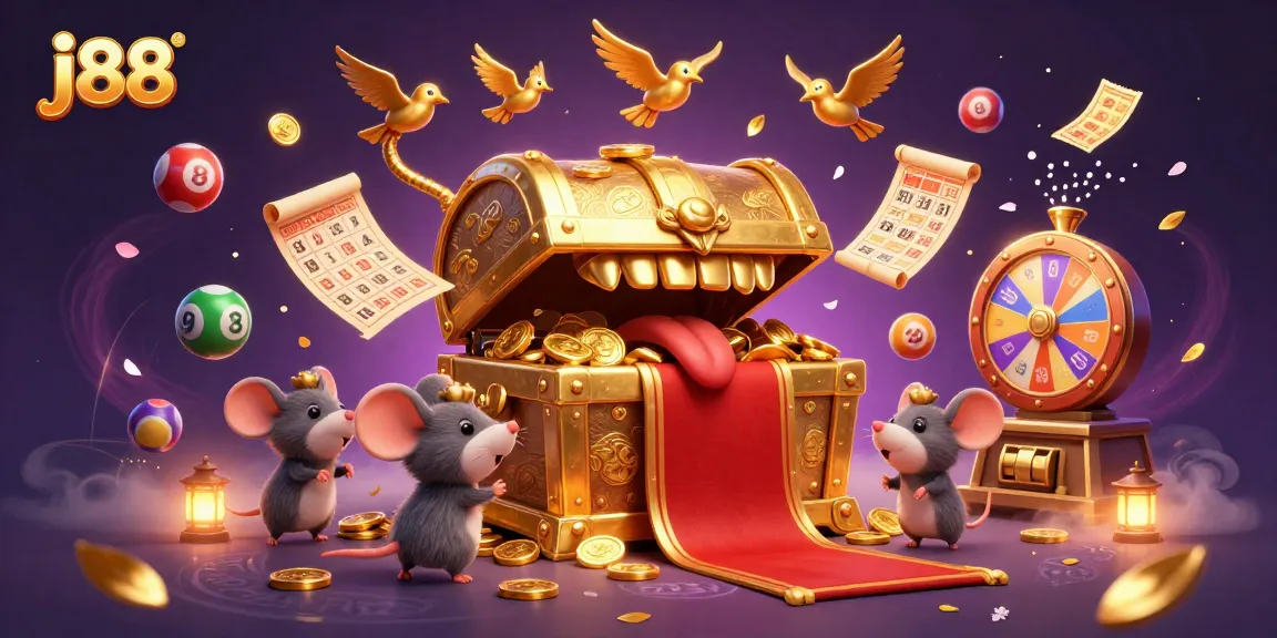 Engage with j88's captivating games and opportunities amidst a vibrant lottery and casino-themed scene.
