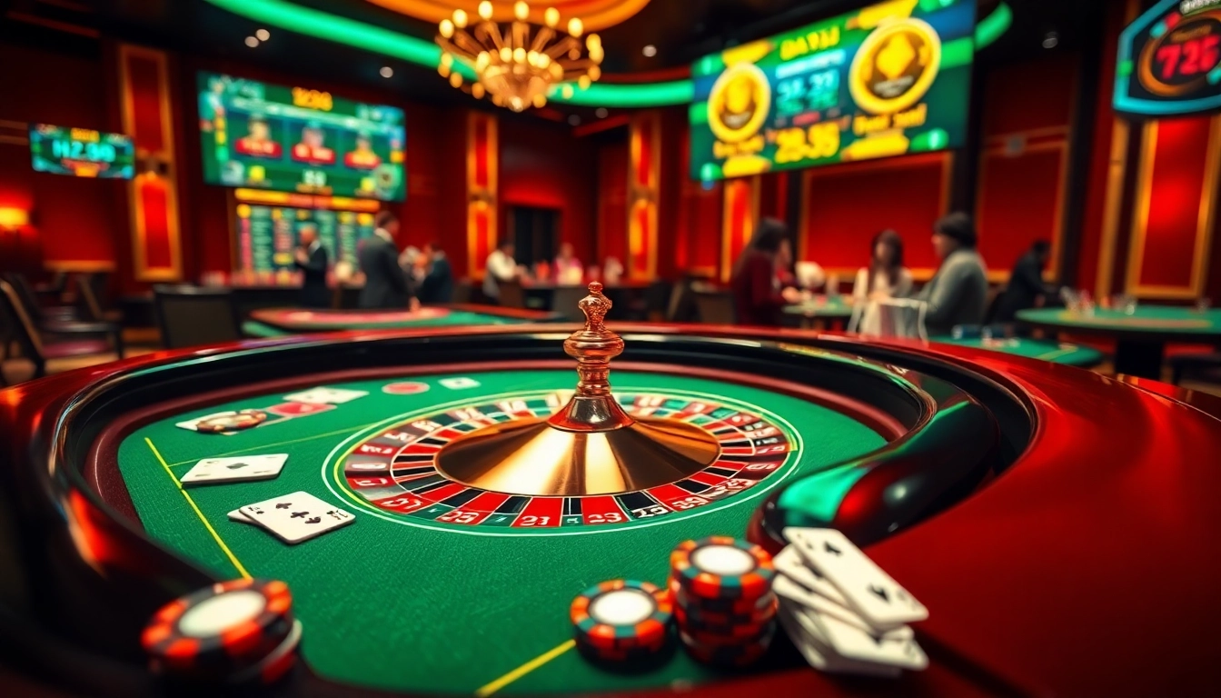 Experience the excitement of gambling at hz88 with a vibrant casino scene featuring roulette and cards.