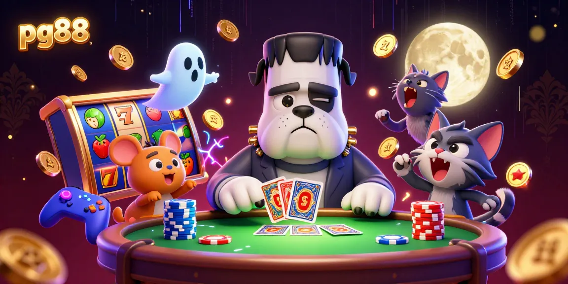 Engaging pg88 scene featuring a bulldog dealer amidst lively slot reels at a vibrant casino table.