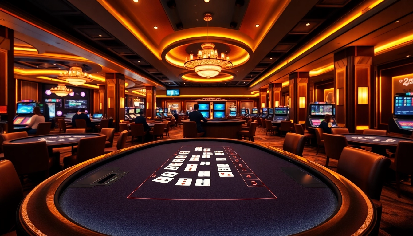 Experience the luxury of online gaming at https://23win.art/ with an elegant casino scene featuring vibrant gaming tables.