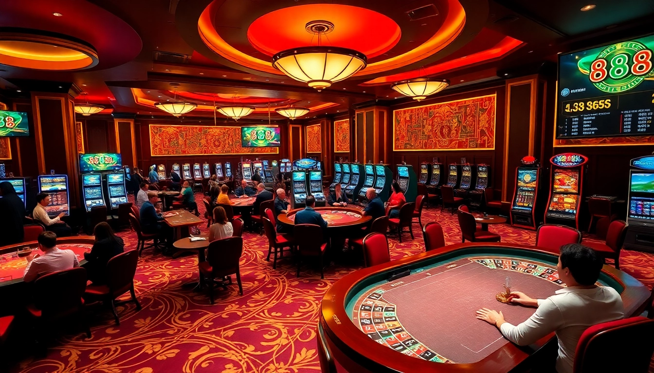 Players enjoying a thrilling game at XX88 Casino with vibrant tables and slot machines.