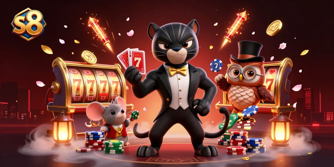 Experience thrilling moments at s8 with a cartoon panther dealer amidst vibrant slot games and action.