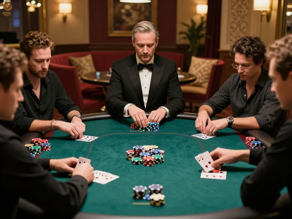 Bet88 players enjoying an intense poker game with warm casino ambiance and rich decor.