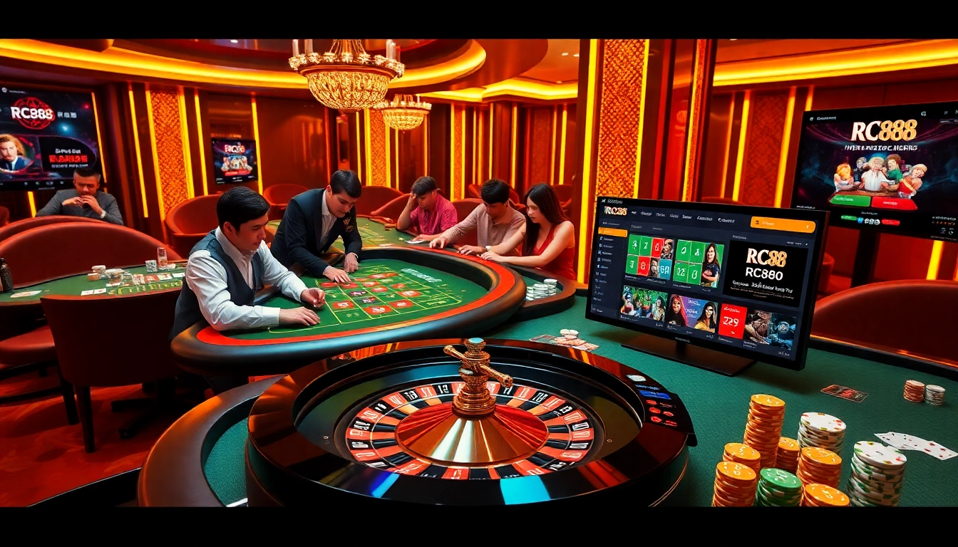 Experience the thrill of RC88 with vibrant casino elements, including roulette and poker games.
