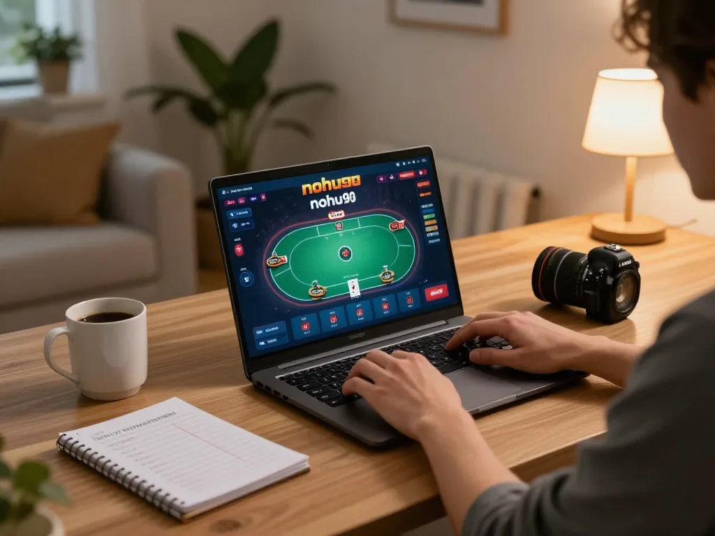 Nohu90 player engaged in online gaming strategy with laptop and notepad.