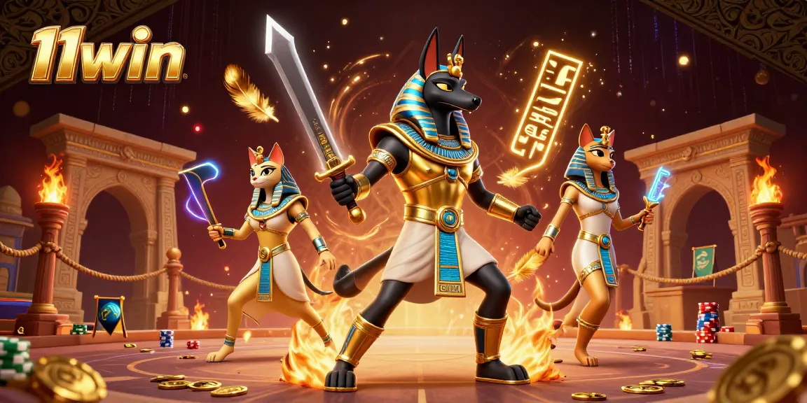 Join the action at 11win with Anubis and Bastet, surrounded by casino elements and gold coins.