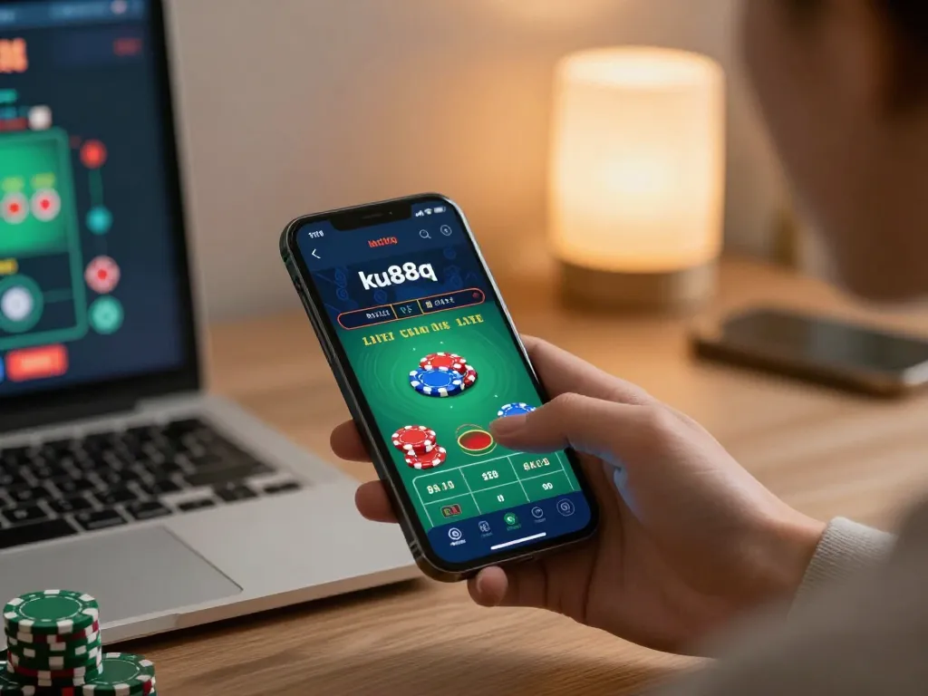 Engaging with ku88q mobile app on smartphone, showcasing live dealer game action.