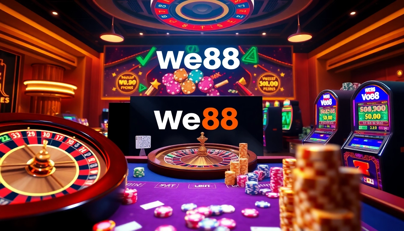 Experience the thrill of online gambling with We88's vibrant casino scene featuring roulette wheels and poker chips.