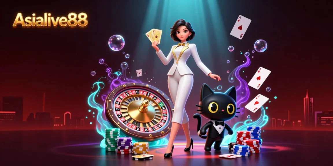 Experience the excitement of live casino gaming with Asialive88, featuring a glamorous dealer and dynamic game elements.
