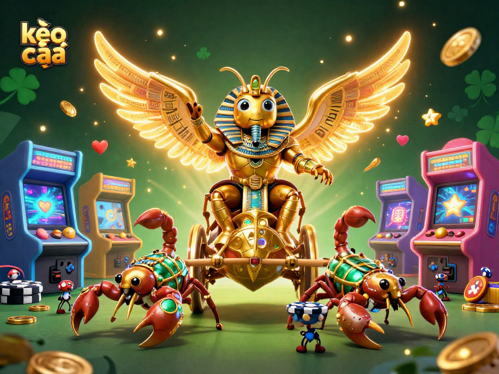 Experience the thrill of kèo nhà cái with a vibrant casino scene featuring a golden beetle and colorful arcade elements.