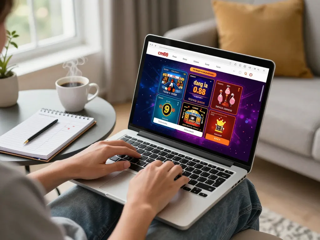 Engaging home gaming scene showing login to đăng nhập cm88 with cozy ambiance and strategic preparation