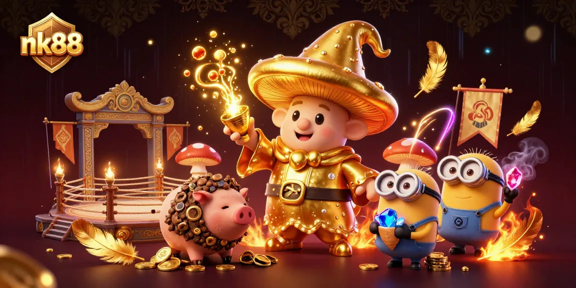 Experience the magic of nk88 with golden treasures and enchanting games in this thrilling casino illustration.