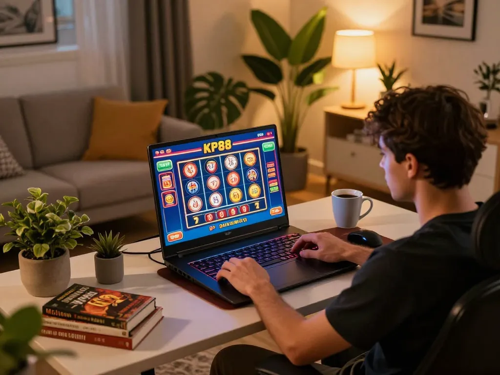 Player enjoying KP88 online casino games on laptop in a cozy home setting.