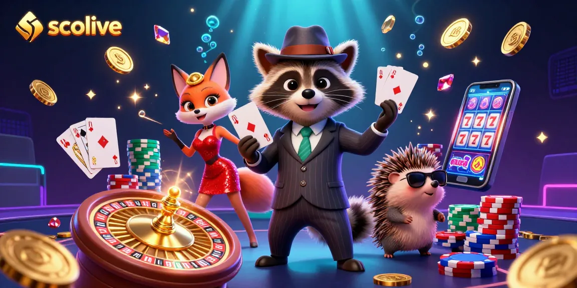 Socolive showcases a suave raccoon holding a royal flush amidst a dynamic casino scene with sparkling gems.