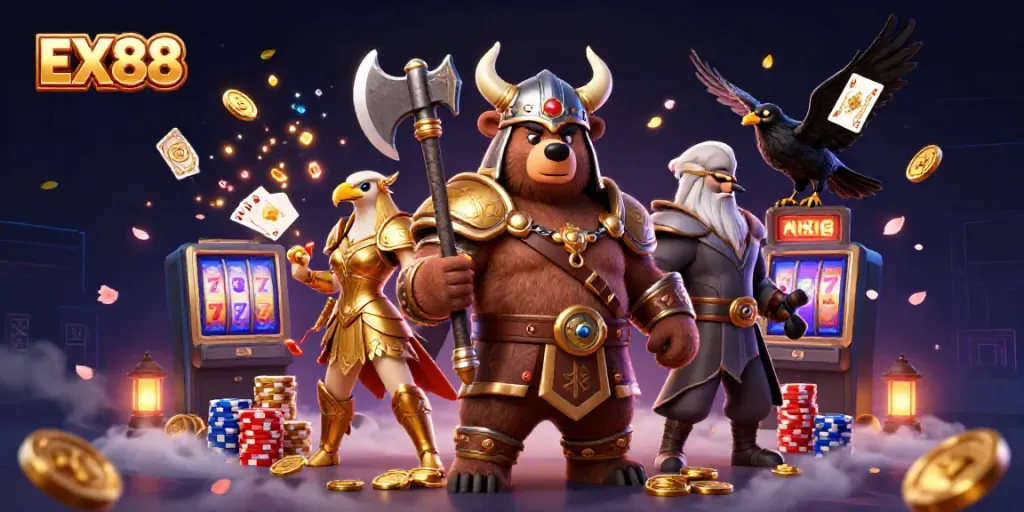 Engage in thrilling gameplay at EX88 with dynamic illustrations of bear and eagle characters among cascading coins and roulette games.
