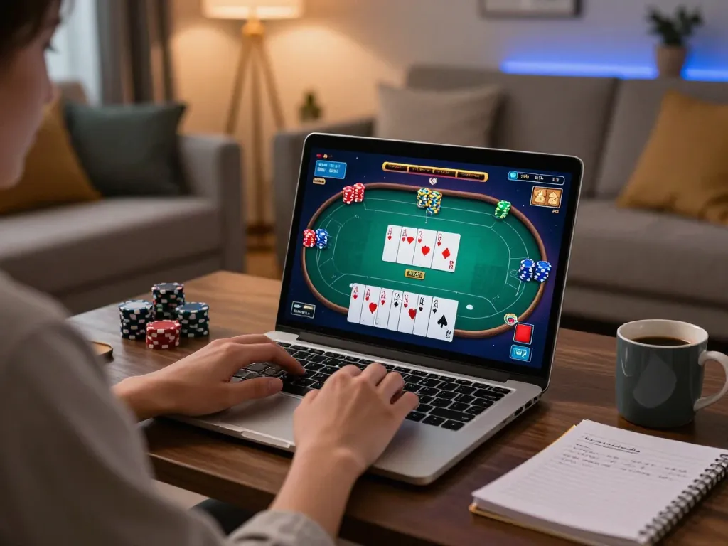 Player engaging in an online poker game with strategic notes beside them on the table, showcasing vua88sss's immersive gaming experience.