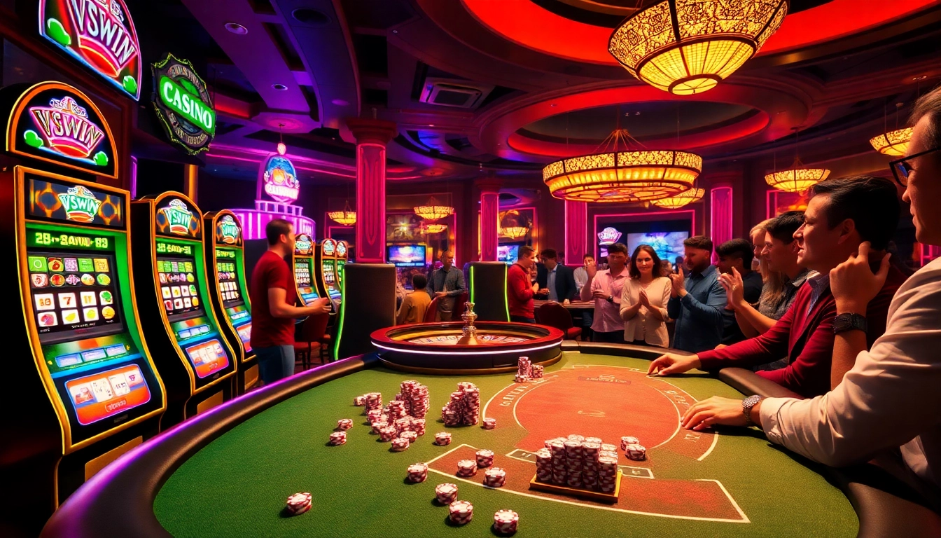 Experience VSWIN's thrilling casino atmosphere with vibrant slot machines and excited players.