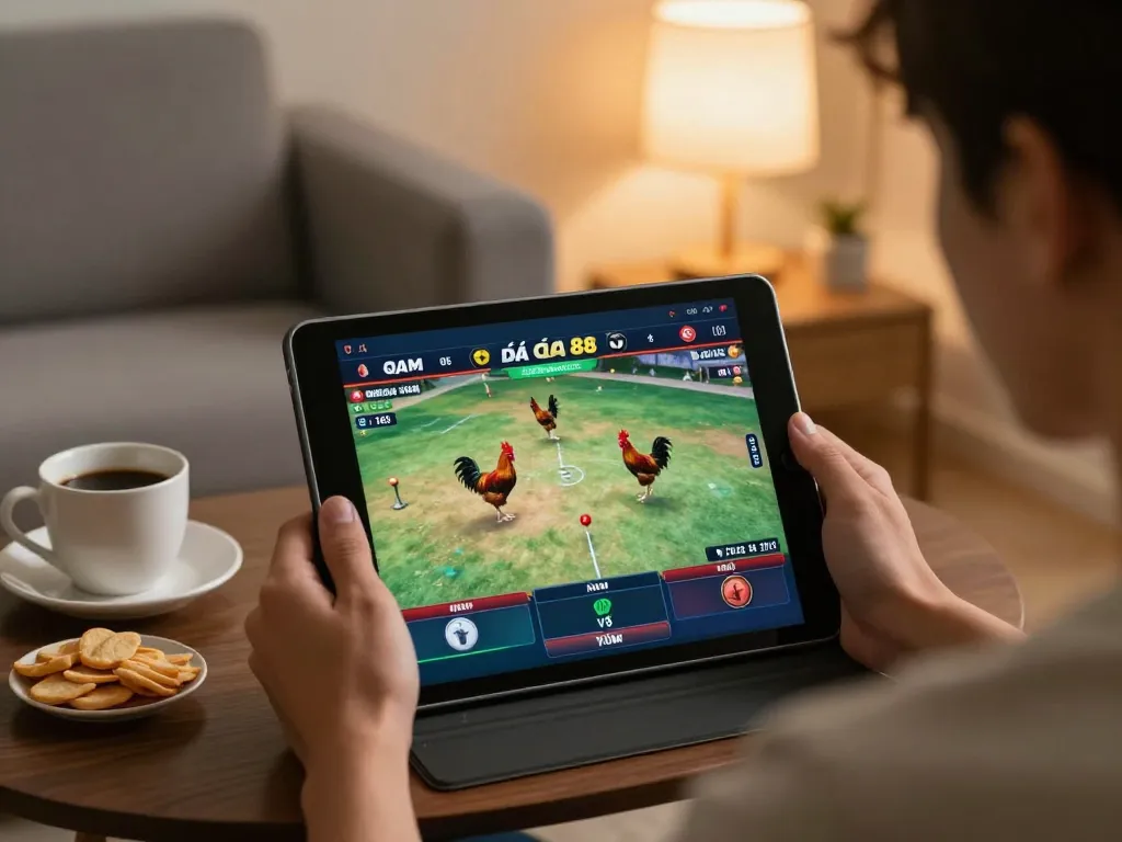 Engaged viewer watching đá gà 88 hôm nay on tablet, showcasing exciting live matches.