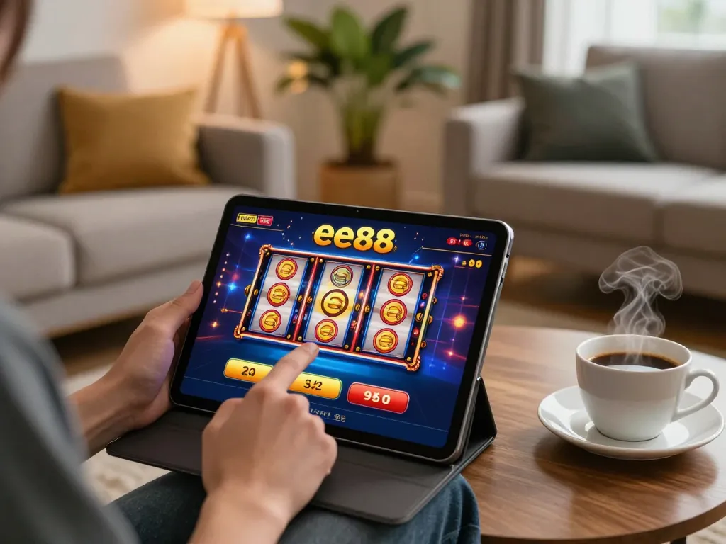 Player enjoying the ee88 app at home, engaging in online gambling with cozy atmosphere.