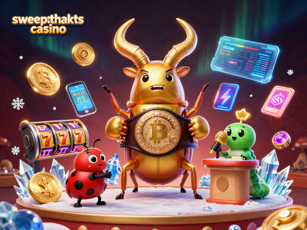Engage with exciting gameplay at sweepstakes casino: a dynamic scene featuring giant beetles, crypto coins, and vibrant visuals.