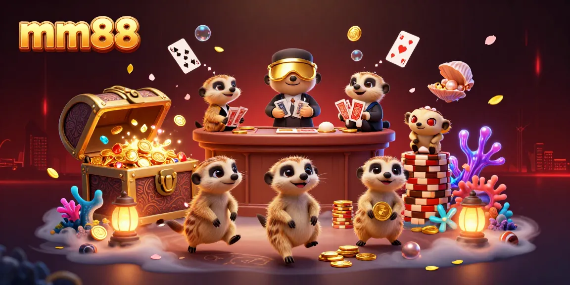 Experience the excitement of mm88 with meerkats running a vibrant casino filled with gems and colorful cards.
