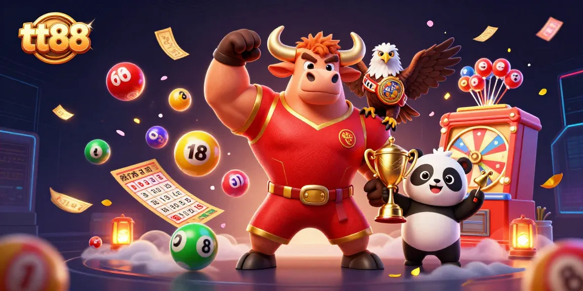 Experience the excitement of tt88 as lively characters celebrate with vibrant symbols and trophies in a dynamic casino atmosphere.