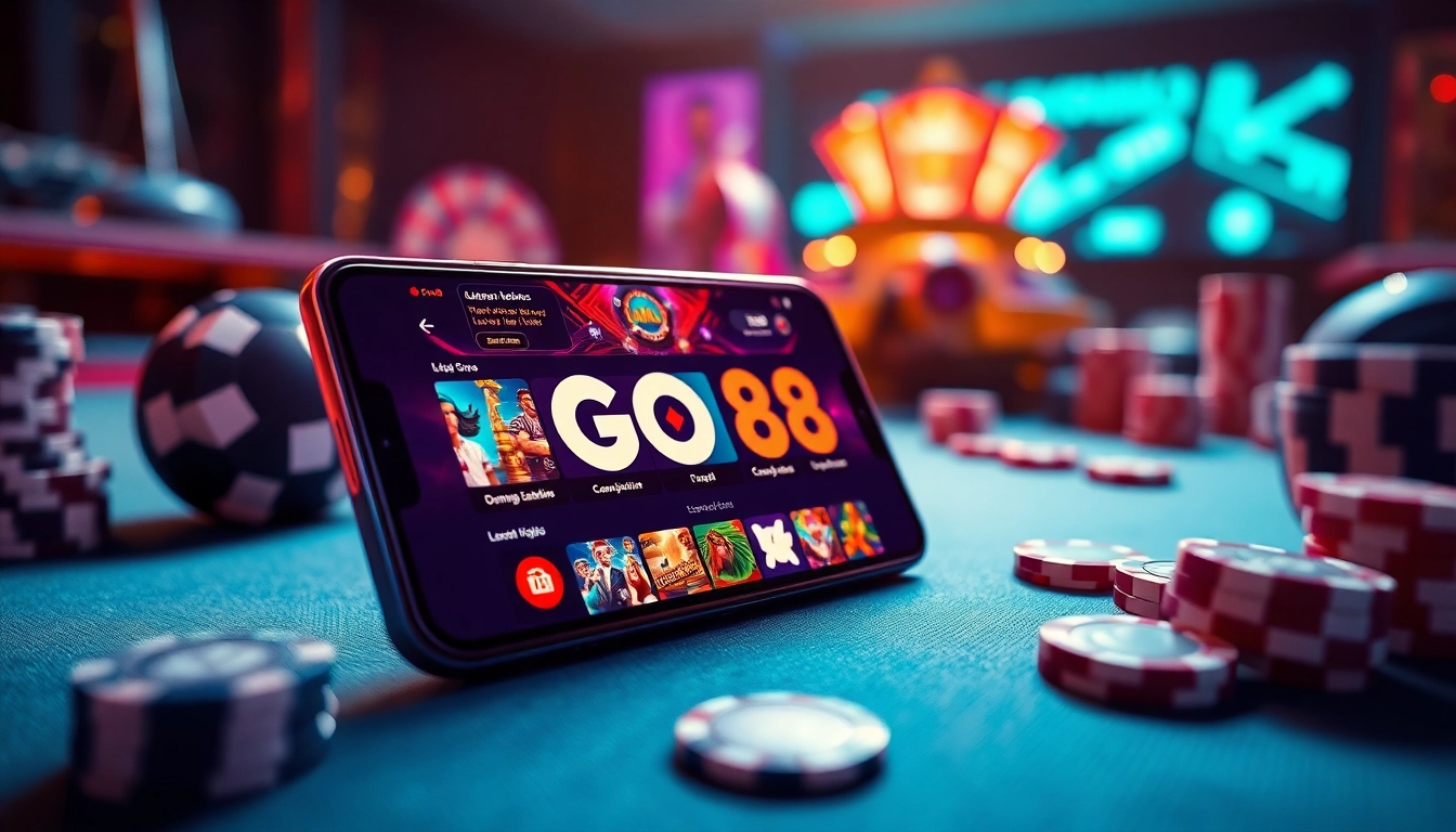 GO88 mobile app showcasing high-quality gaming experience with popular games like poker and slots in an exciting atmosphere.