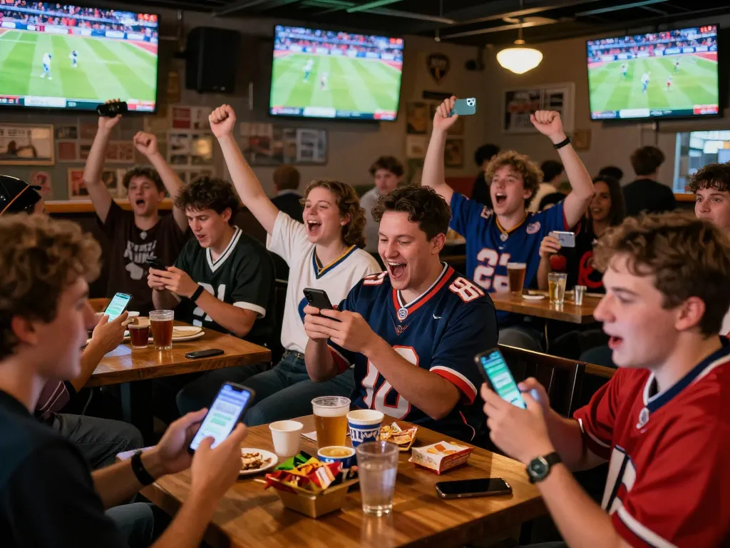 Sports fans placing bets through kèo nhà cái apps while enjoying live games in a lively bar atmosphere.