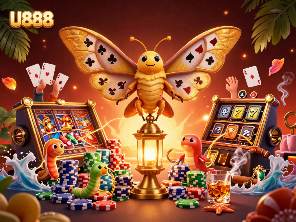 Experience U888's thrilling casino atmosphere with golden moths amid colorful slot games.
