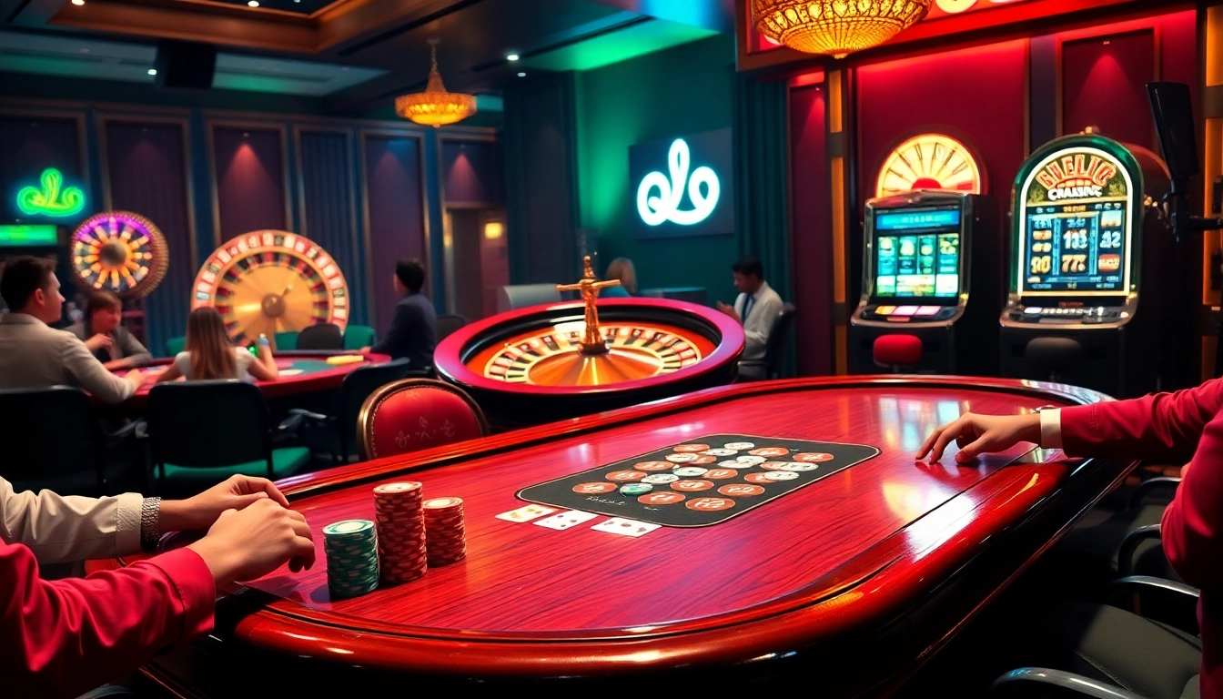 Players enjoying a thrilling Luck8 poker game in a luxurious casino setting.