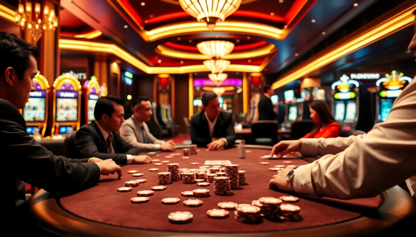 Engage with https://23win.cooking/ at a luxurious casino poker table featuring players and vibrant gambling elements.