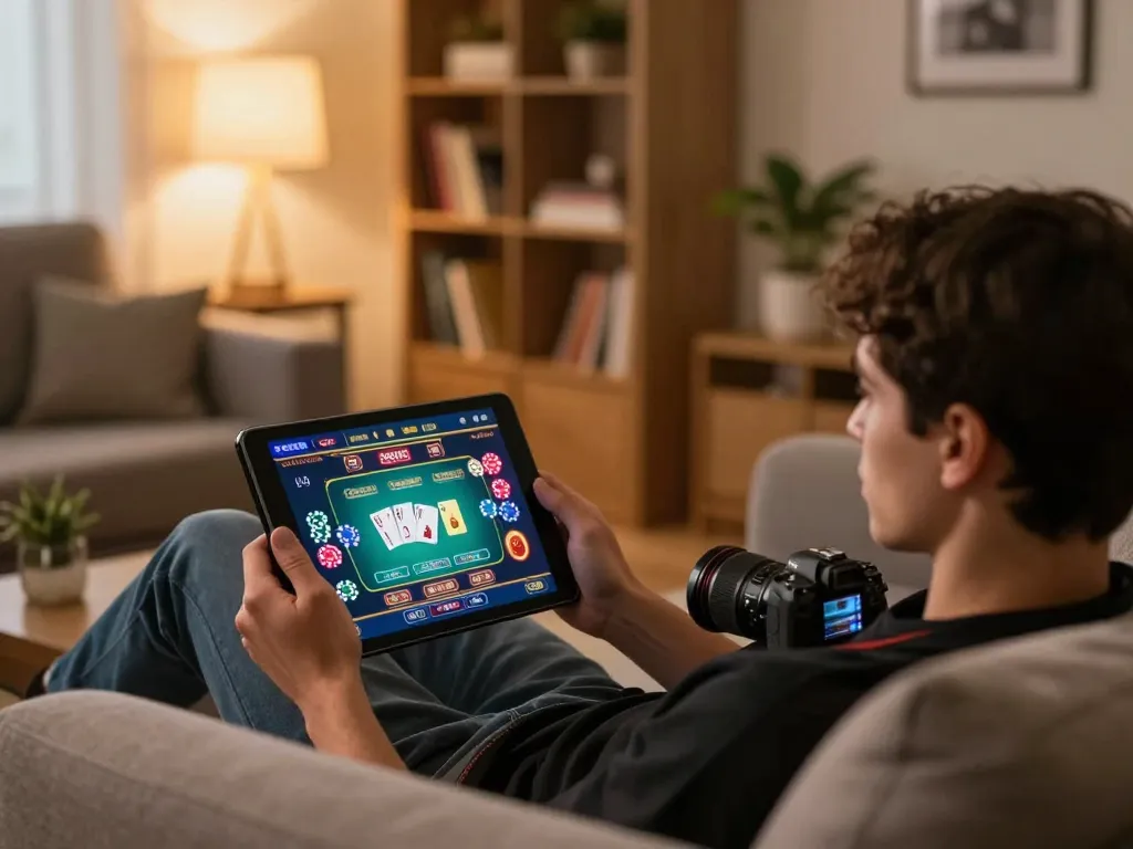 Engaged user enjoying 11win online gaming experience with tablets and warm home ambiance.