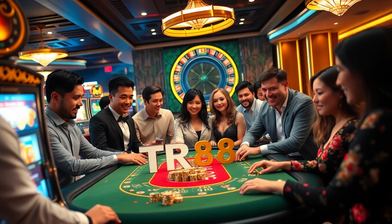 Players enjoying the TR88 casino experience at an engaging gaming table filled with excitement and vibrant colors.