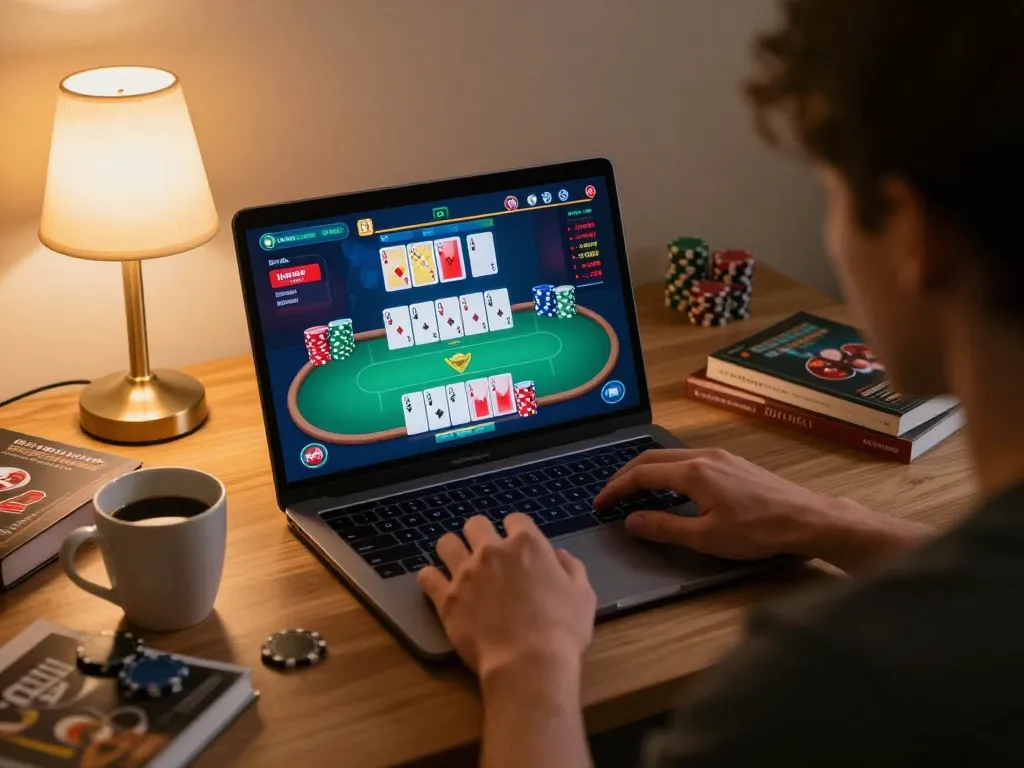 11win com player strategizing in an online poker game at home, vibrant screen and cozy atmosphere.