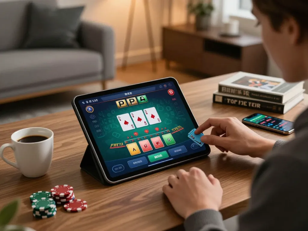 Player enjoying strategic online blackjack gaming on tablet while managing bankroll with s666 betting app.