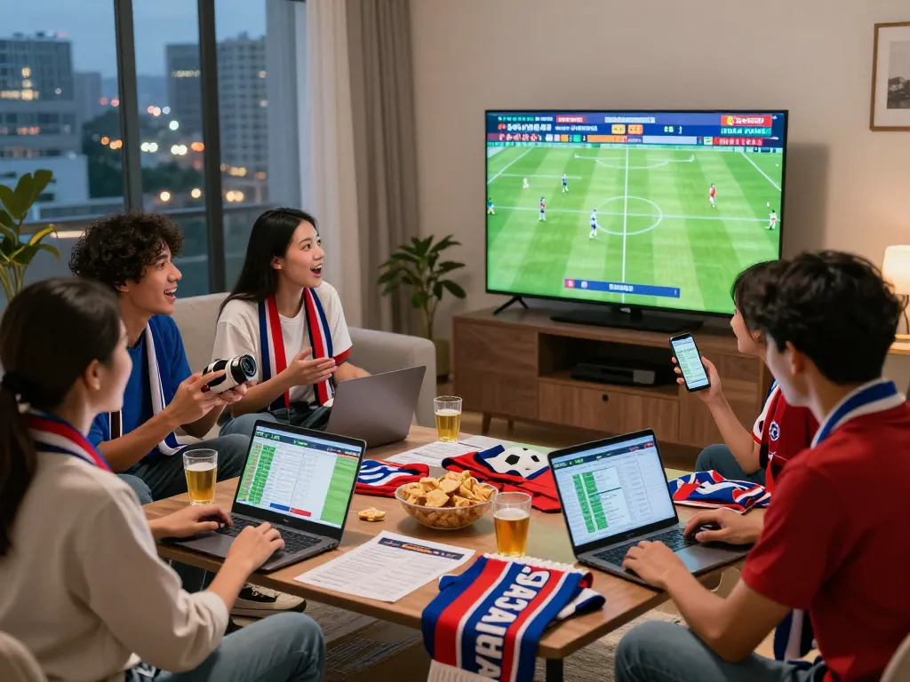 Friends analyzing kèo nhà cái during an exciting football match, surrounded by snacks, drinks, and betting slips.