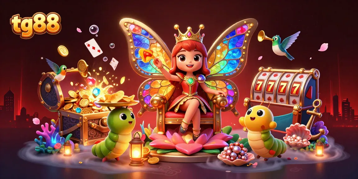 Experience the excitement of tg88 with a vibrant 3D casino scene showcasing a butterfly queen amidst dynamic gaming elements.