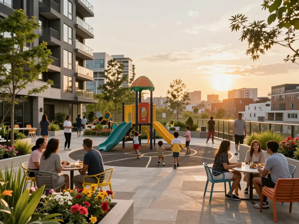 Residents enjoying community spaces at Five88 apartment complex during sunset