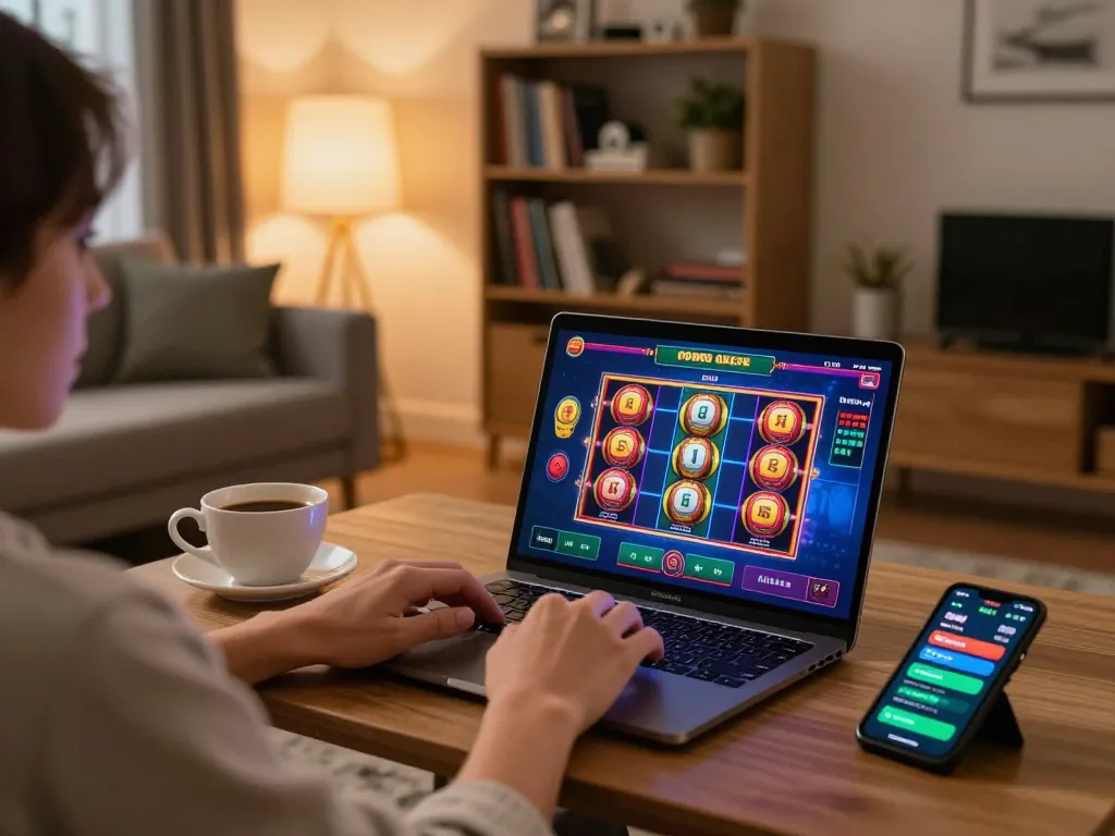 Enjoying online gaming at lc88 my with vibrant slot reels and a cozy home atmosphere.