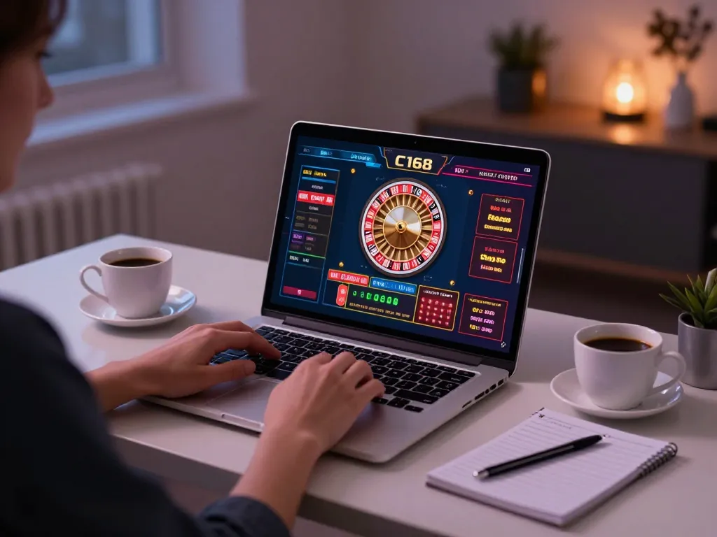 C168 casino online gameplay with a laptop showing roulette interface and player engaged in strategy