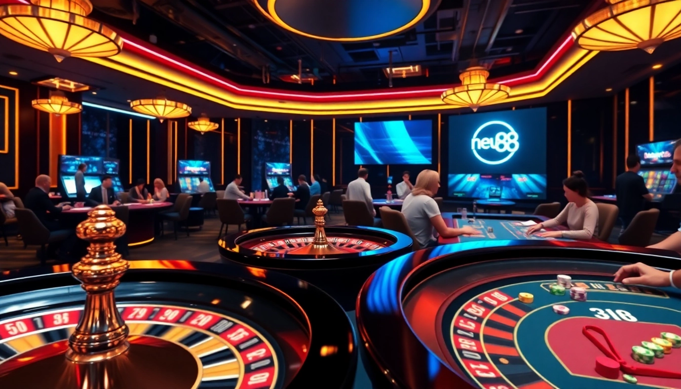 Players engaging in thrilling casino games at neu88, showcasing vibrant roulette wheels and poker tables.