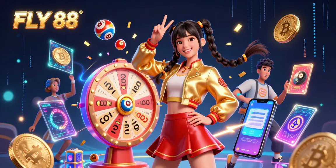 Engage with FLY 88's vibrant casino atmosphere featuring colorful elements and dynamic characters.