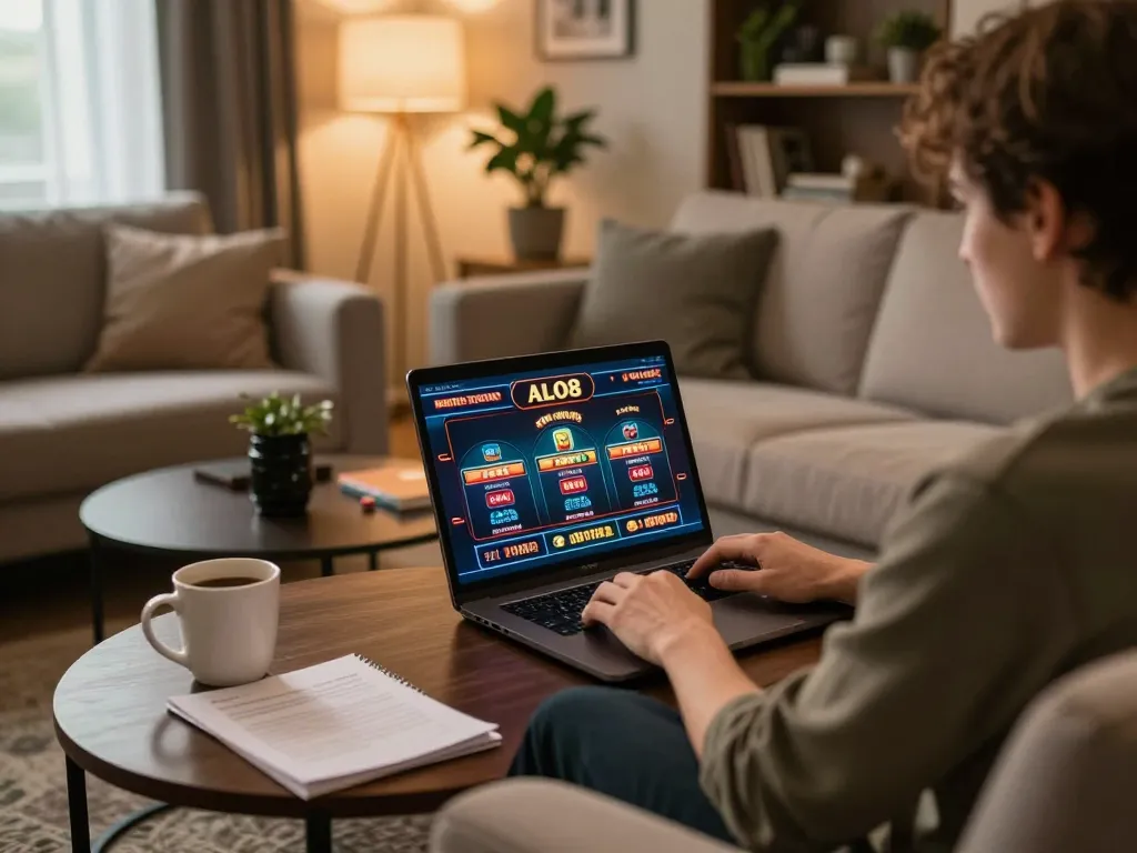 Person enjoying ALO8 casino games on a laptop in a cozy home setup with warm atmosphere