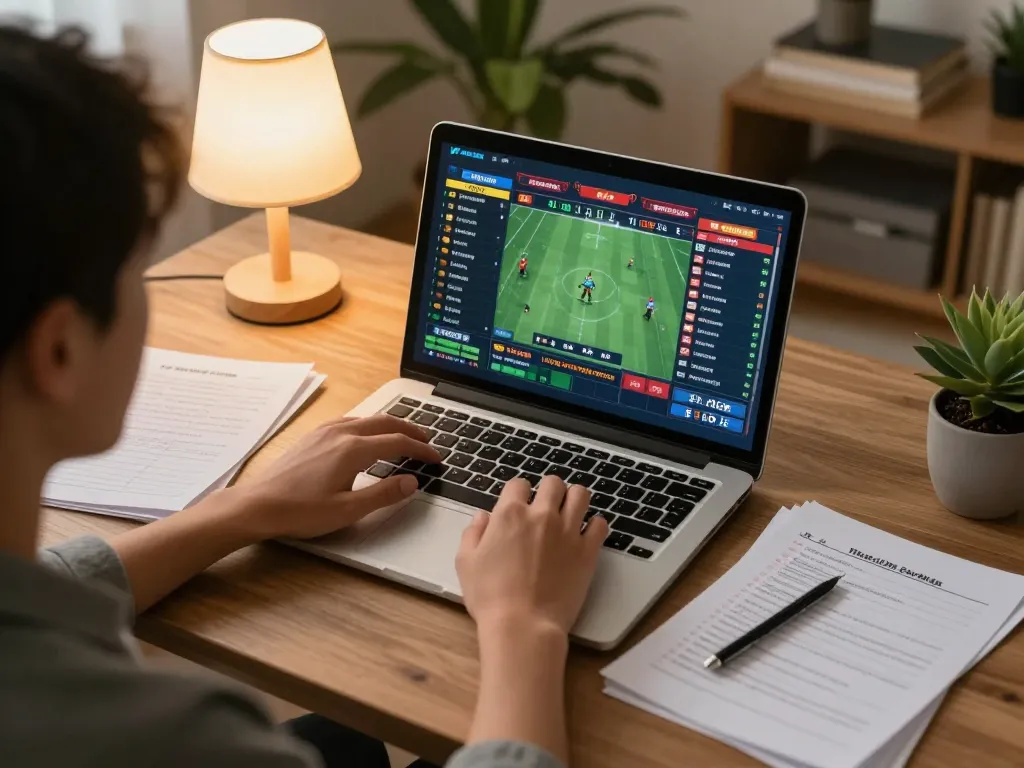 Persona che utilizza un laptop per scommesse sui siti non AAMS sicuri a casa, mostrando un'atmosfera accogliente.