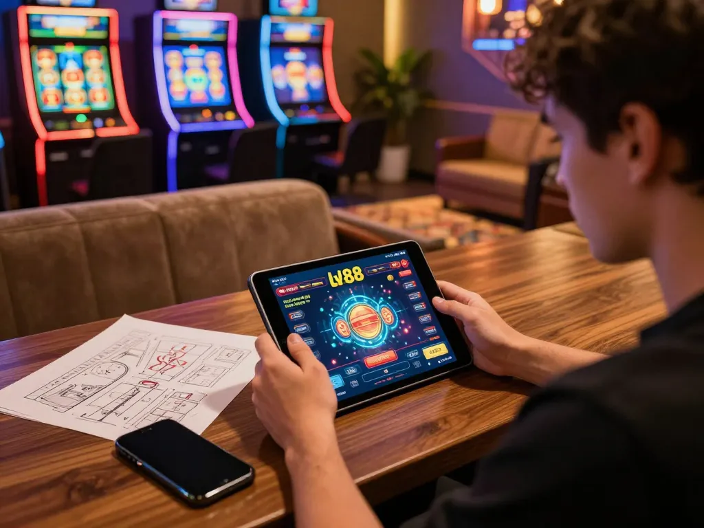 Player engaging with lv88 online casino on tablet, showcasing vibrant gaming atmosphere