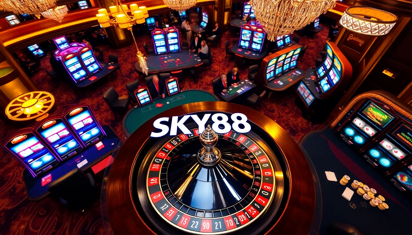 SKY88 roulette wheel amidst an exciting casino atmosphere filled with players and gaming elements.